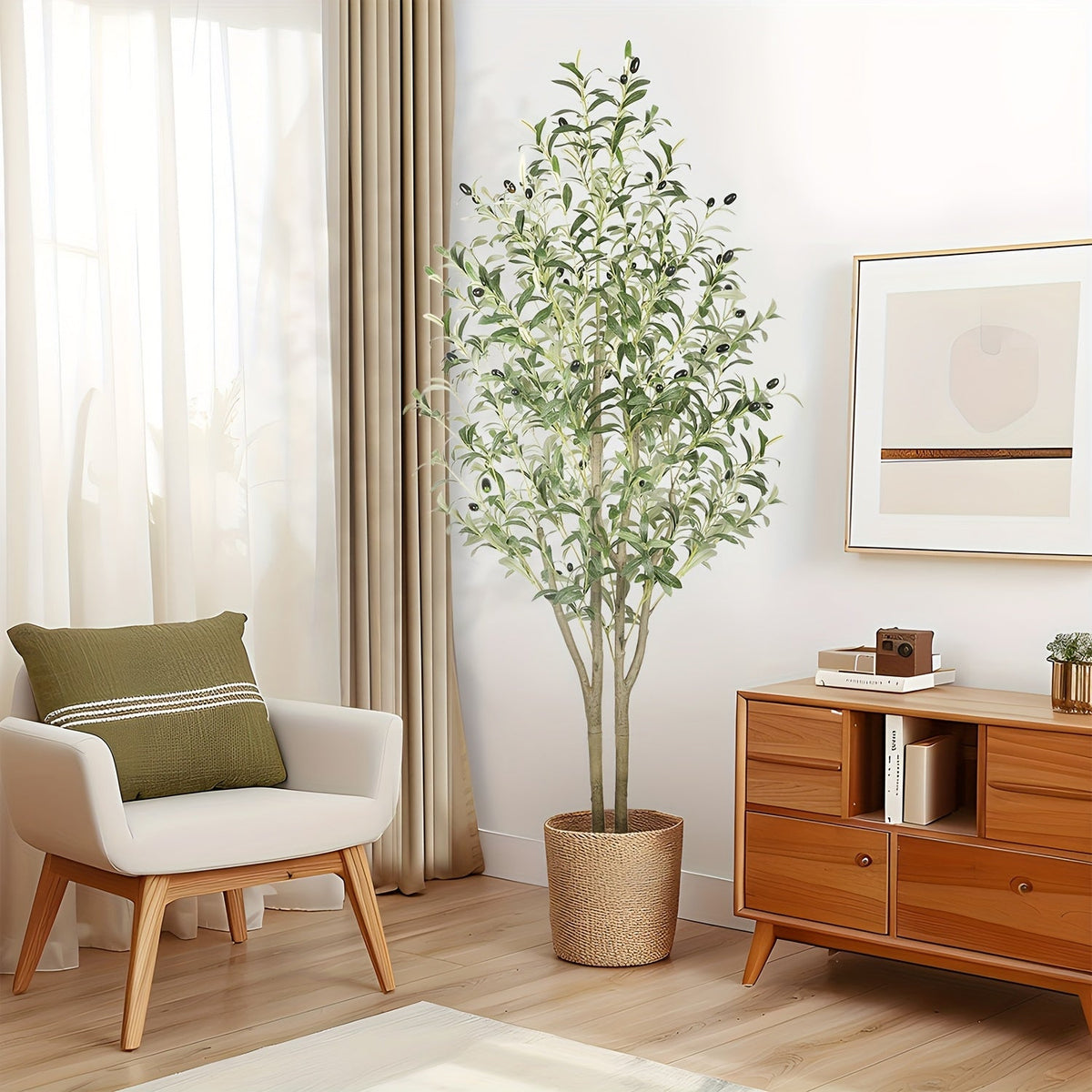 Artificial Olive Tree 4/5/6/7ft – Double Pole Silk Leaves & Faux Fruit Realistic Wood Trunk Faux Moss Potted Faux Plant for Home Living Room Indoor Outdoor Decor