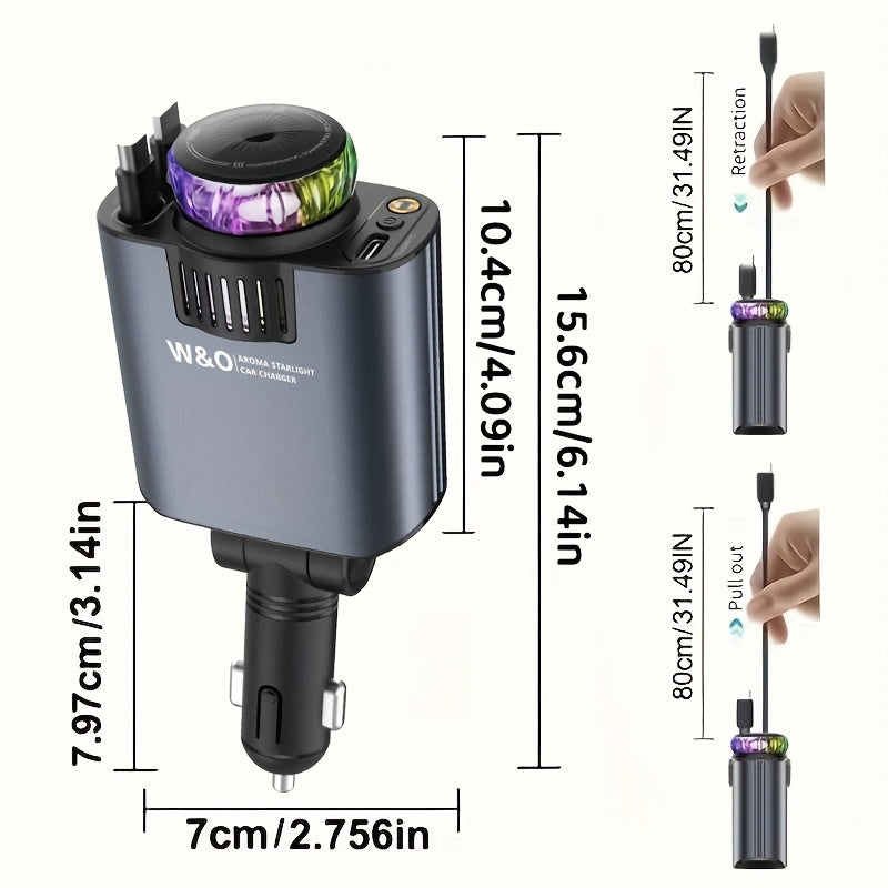 3-in-1 Car Charger, Air Freshener & Starry Sky Projector – Dual 80cm Retractable Type-C & Lightning Cables, Aromatherapy Diffuser for iPhone 16/15 and Samsung S25/S24, Premium Car Interior Upgrade Gift