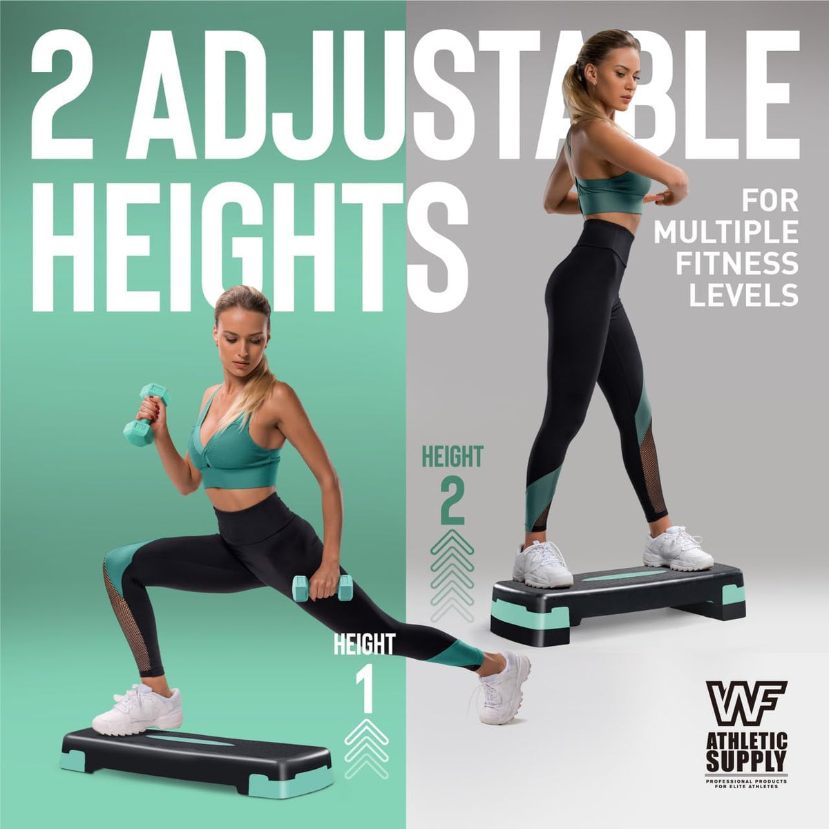Adjustable Height Aerobic Stepper Set with 2 Dumbbells & Measuring Tape – Home Workout Exercise Step Platform with Risers, Non-Slip, 550 LB Capacity, 3 Colors: Blue, Green, Pink
