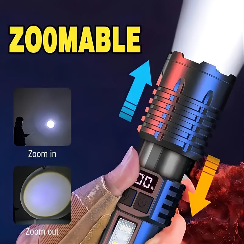 Rechargeable Tactical Flashlight 2-Pack, USB COB LED – Ultra Bright, 5 Modes, Zoomable, 200-500M Beam, LCD Display, for Camping, Fishing, Hunting, Cycling, and Emergencies