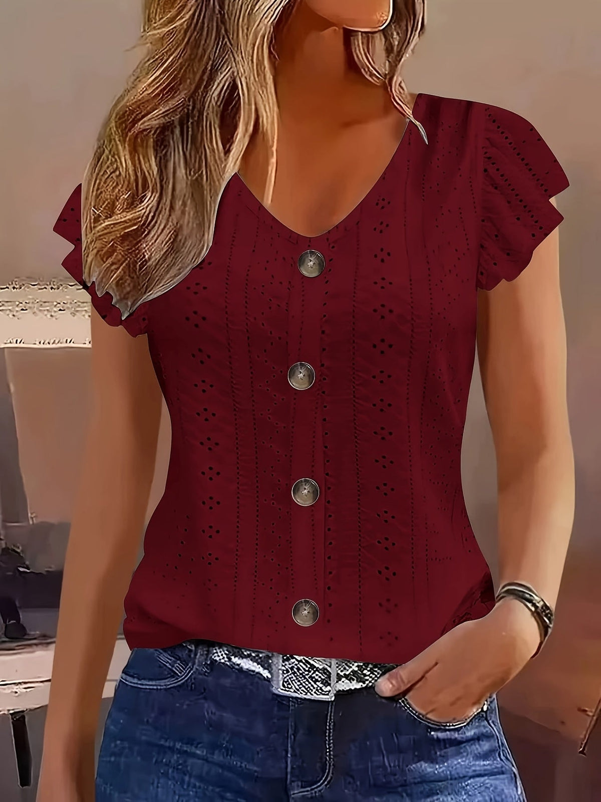 Eyelet Embroidery Button-Front V-Neck Cap Sleeve Top Women's Solid Color Casual Summer Shirt Breathable Lightweight Blouse S-XXL Multiple Colors