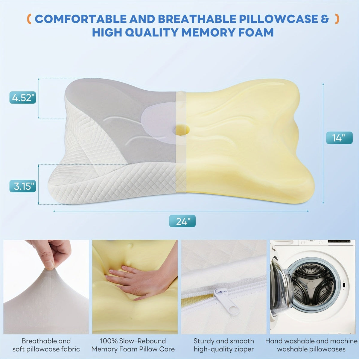 Cervical Neck Pillow, Memory Foam Ergonomic Contour Pillow for Neck Pain Relief, Cooling Pillowcase Included, Orthopedic Bed Pillow for Side, Back, and Stomach Sleepers, Shoulder & Spine Support Sleep Pillow