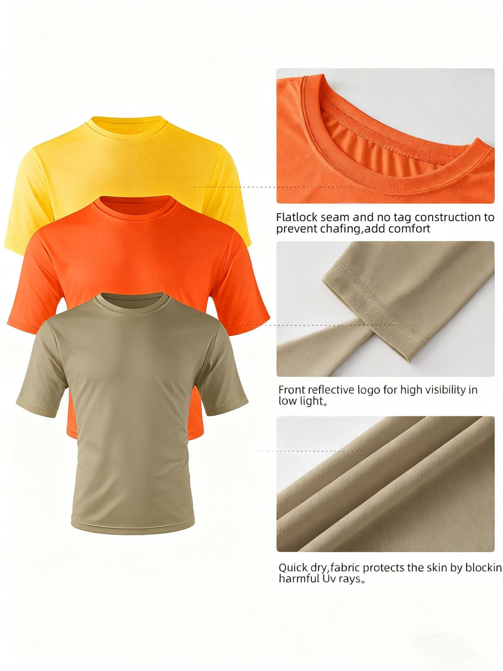 Men's UPF 50+ Quick-Dry T-Shirts 3-Pack – Moisture-Wicking Crew Neck Short Sleeve Athletic Tees Khaki Orange Yellow S-3XL for Swimming, Beach, Outdoor Sports, Fishing, and Hiking