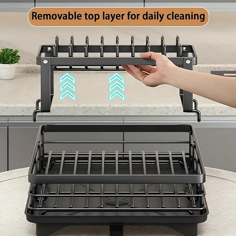 2-Tier Dish Drying Rack for Kitchen Counter with Drainboard, Drain Mat, Knife, Fork, and Cup Holder, Utensil Organizer, Dish Drainer, Kitchen Gadget Gift for Women, Mother's Day