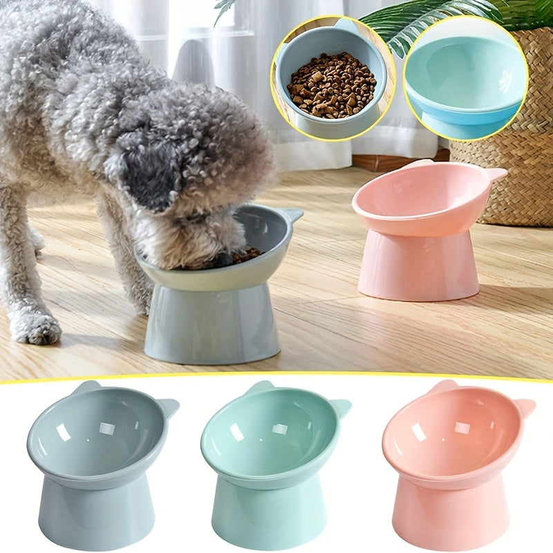 Raised Cat Bowls Set of 3, Cat-Ear Shaped Elevated Feeder, Anti-Slip Base, Neck Comfort Design, Tri-Color Pet Feeding Dish (Pink, Green, Blue) for Multi-Cat Households
