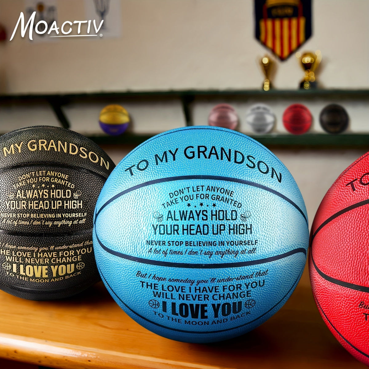 Engraved Basketball for Grandson & Son – Personalized Inspirational Size 7 Basketball with Pump, Motivational Gift for Birthday, Christmas, Anniversary, Blue Red Gold Black