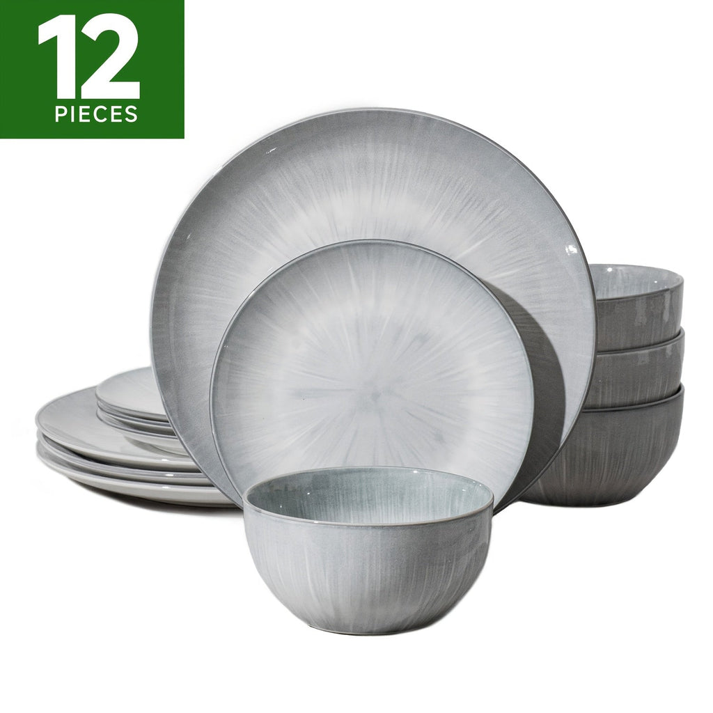Kingstone 12-Piece Porcelain Dinnerware Set Service for 4 Hand-Painted Round Plates & Bowls Microwave & Dishwasher Safe – Holiday Christmas Gift