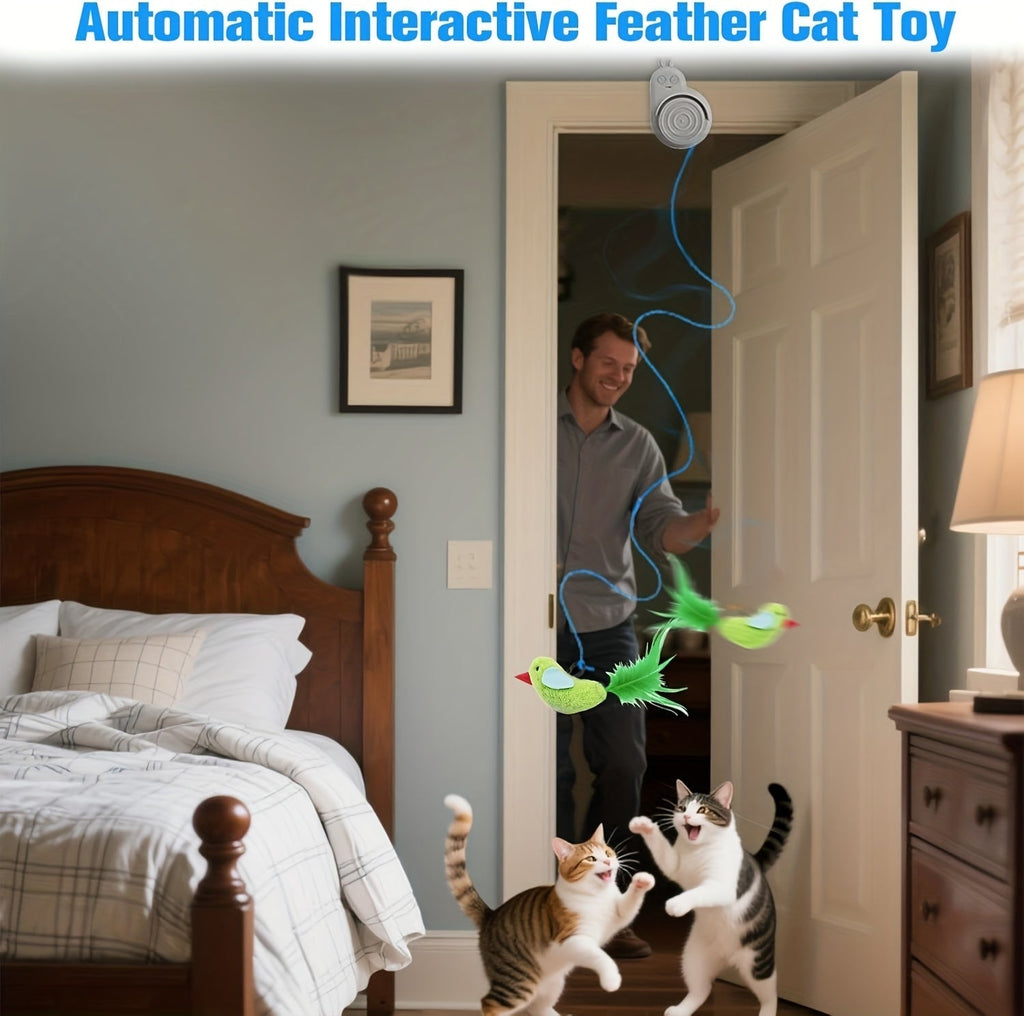 Interactive Cat Toy for Indoor Cats – Automatic Electric Flying Bird Feather Hanging Self-Play Toy for Bored Kittens & Adult Cats, White Blue Grey