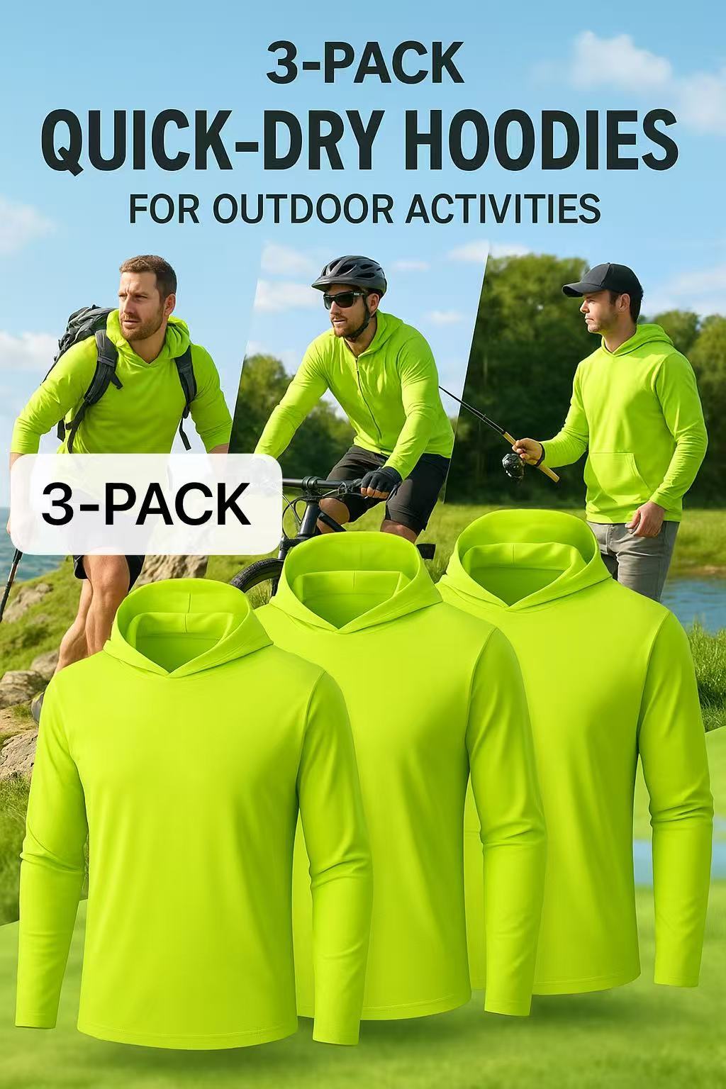 Men's UPF 50+ Sun Protection Hoodie Shirt 3-Pack, Long Sleeve Moisture-Wicking Quick-Dry Breathable Outdoor Performance T-Shirt for Hiking, Fishing, and Running – Sizes S to XXXL, Fluorescent Yellow