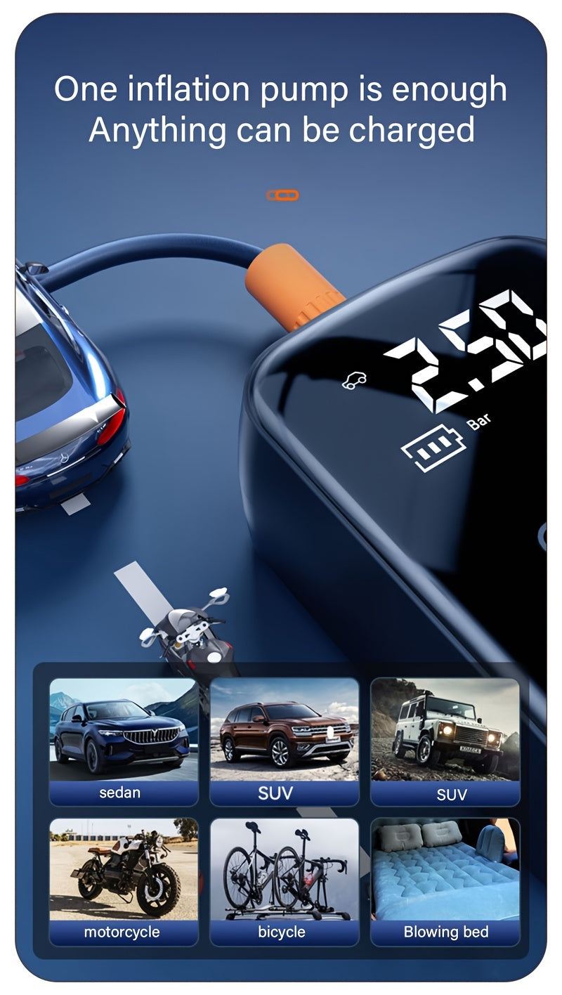 Portable Tire Inflator, 100W Cordless Air Pump, 4000mAh Battery, 30-Second Inflation, 5 Modes, Digital PSI Display, Type-C Charging, LED Light, Multi-Nozzle for Car, Motorcycle, Bicycle, Ball