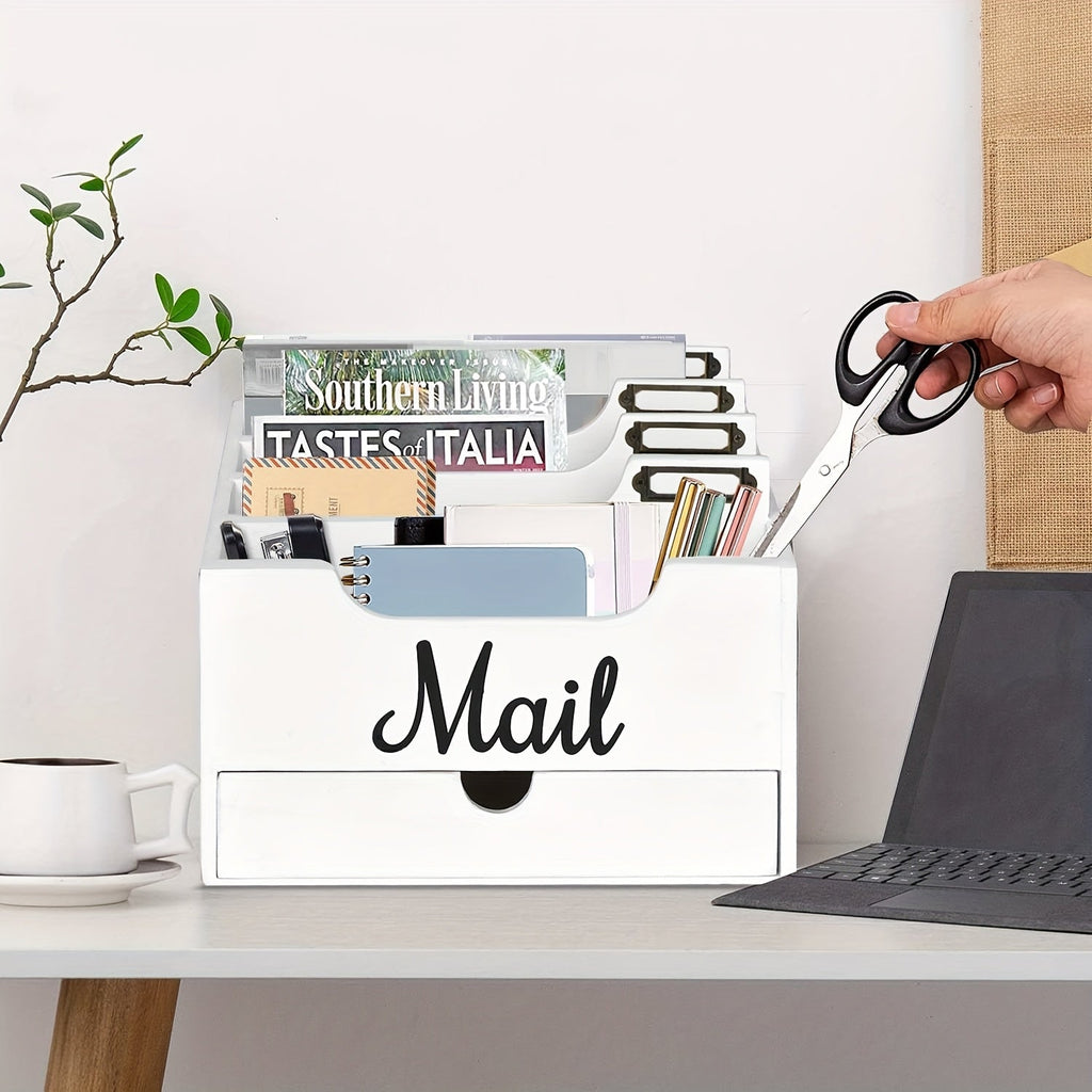 Large Solid Wood Desktop Mail Organizer with Drawer and 4 Compartments, Labelable Dividers for Files, Letters, and Paper Folders, Desk Organizer for Home Office, Students, and Professionals