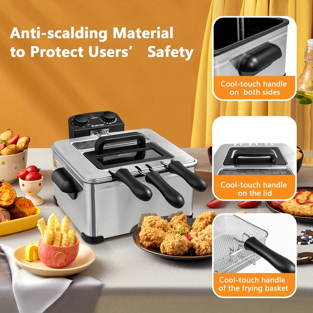 Electric Deep Fryer 5.3Qt/21-Cup with Triple Baskets, 1700W Stainless Steel, Adjustable Temperature 302°F-374°F, 60-Min Timer, View Window Lid, Cool-Touch Handles, Anti-Slip Base, Home Kitchen