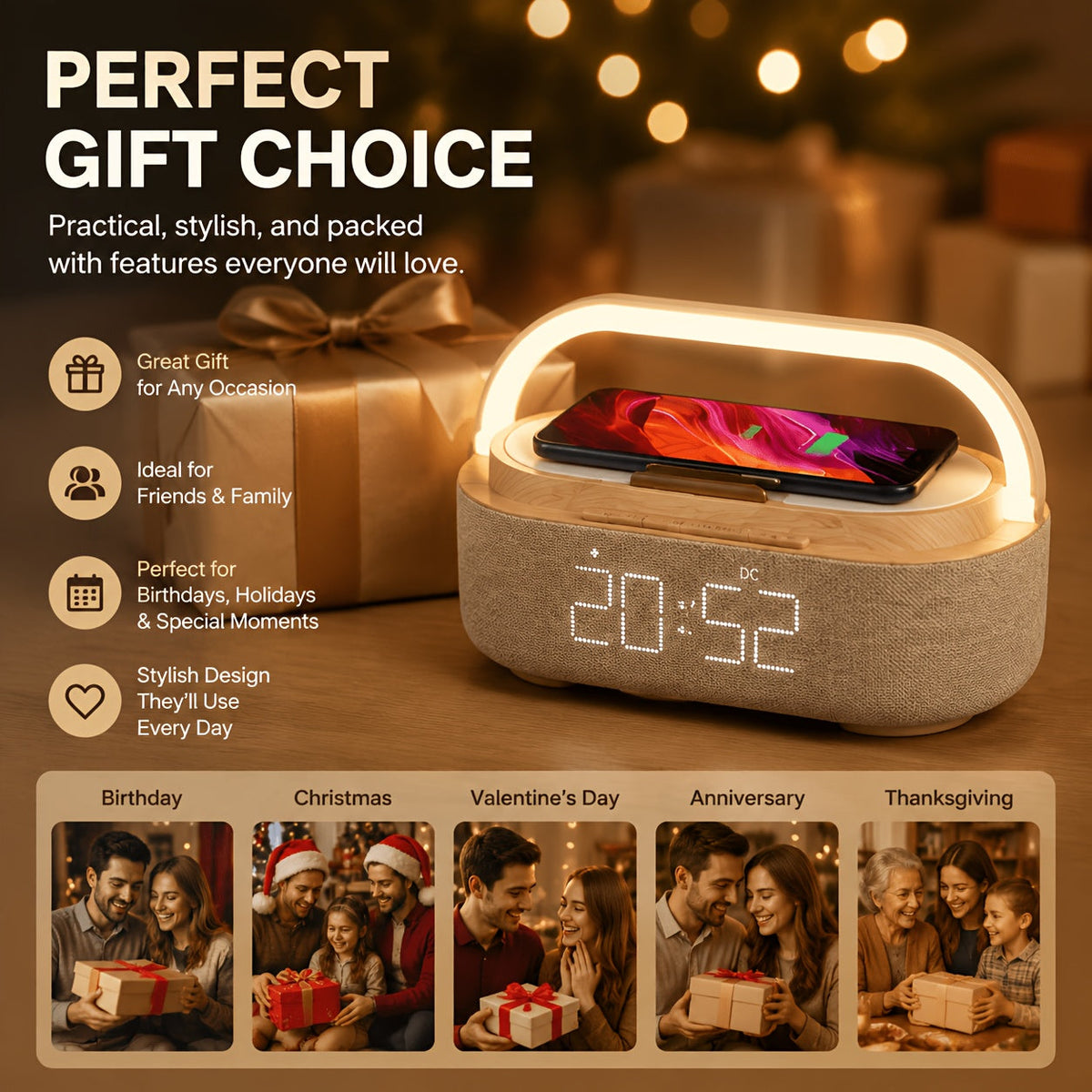 Wireless Charging Alarm Clock Radio with Bluetooth Speaker FM Radio & LED Night Light for Bedroom – Wood Finish