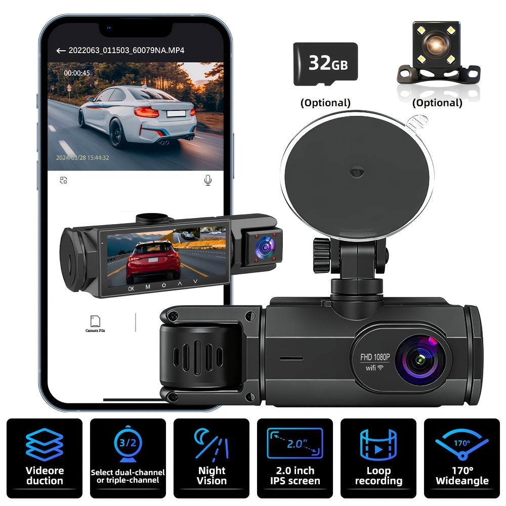 WiFi Dash Camera 2/3 Lens 170° Wide Angle Night Vision Loop Recording G-Sensor 2.0" IPS Screen with 32GB Memory Card - Front and Rear Car Camera
