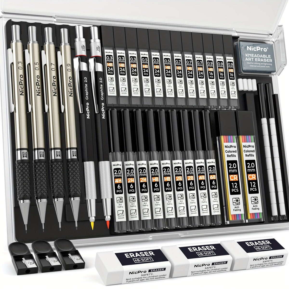 34-Piece Art Mechanical Pencil Set with Case: 6 Metal Drafting Pencils (0.5mm, 0.7mm, 0.9mm, 2mm), 19 Lead Refills, and Erasers for Sketching and Drawing Artists