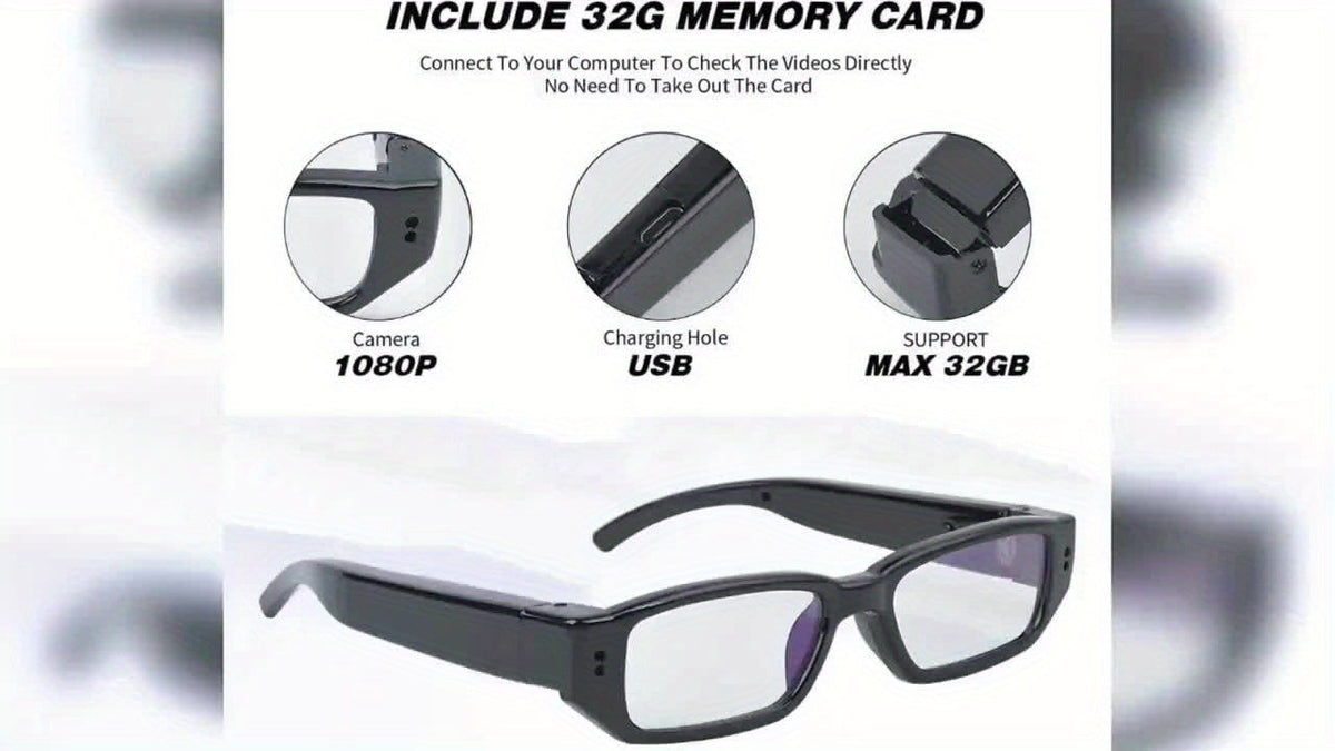 1080P HD Video Glasses Camera with TF Card Slot – Portable Digital Recorder, USB Powered, Plug and Play, for Sports, Outdoor Activities & Meetings, Includes 32GB TF Card