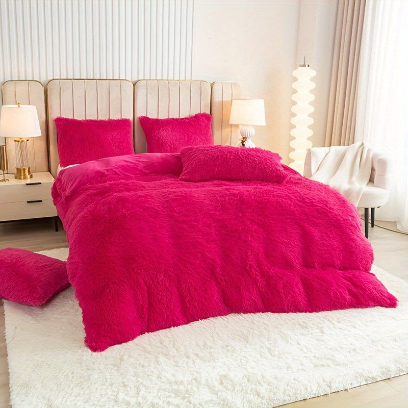 Plush Duvet Cover Set 3 Piece, Long Hair Knitted Polyester, Solid Color Fuzzy Comforter Cover with Zipper Closure, All-Season Soft Cozy Bedding Set for Bedroom, Multiple Colors Available