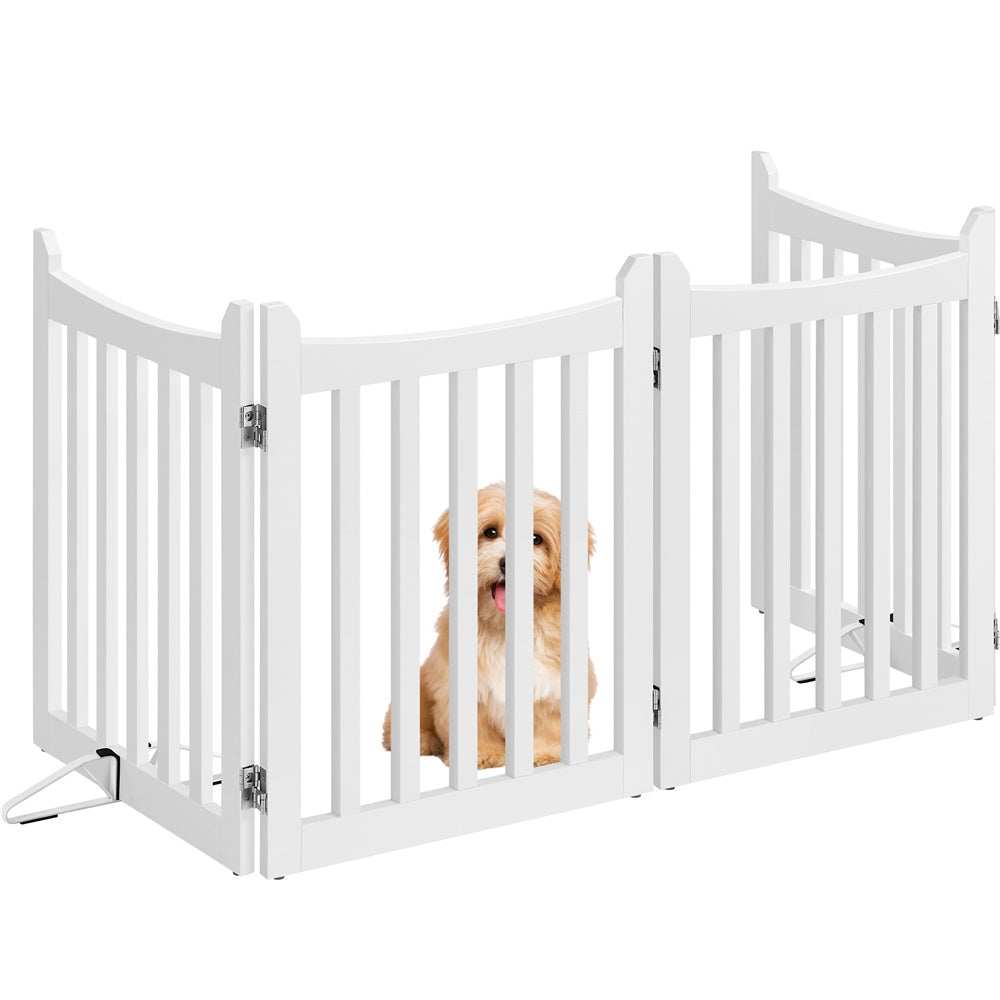 Freestanding Wooden Dog Gate 3-Panel with Door, 24"/36" Height, Anti-Scratch, Two Support Feet, Indoor Pet Barrier for Doorway Stairs Hallway, for Small Dogs & Puppies, White
