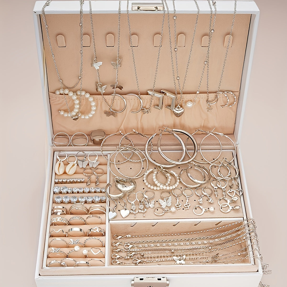 108pcs Women's Jewelry Set Vintage Butterfly Heart Rhinestone Necklace Bracelet Anklet Ring Earrings Bundle Multi-Layer Chains Silver Fashion Jewelry Gift for Her