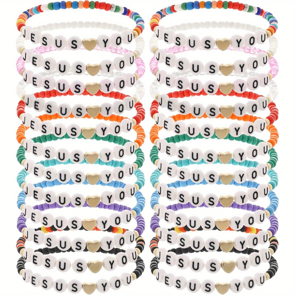 24pc Christian Friendship Bracelet Set – Handmade Clay Bead "Jesus Loves You" Bracelets, Bulk Religious Jewelry for Christmas, Easter, Church Events & Faith-Based Gifts