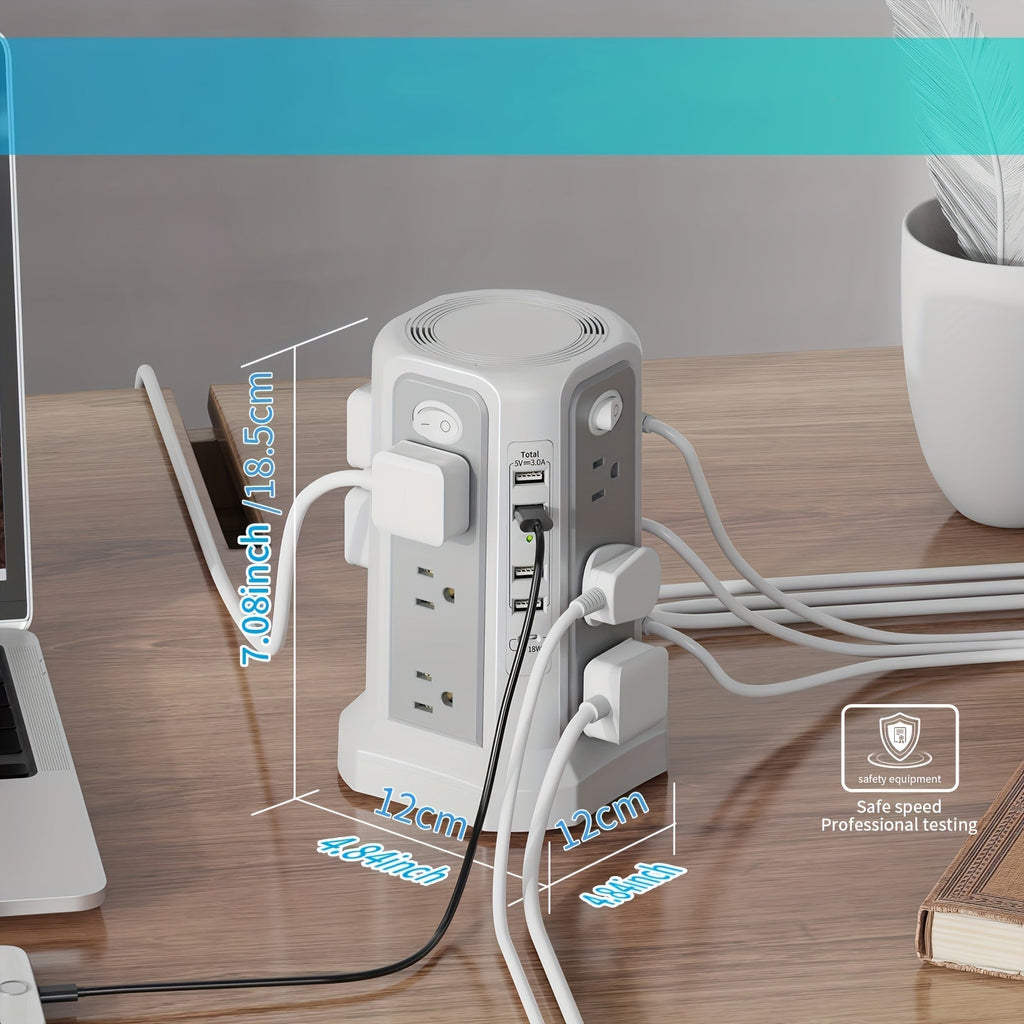 Tower Surge Protector Power Strip, 12 AC Outlets, 5 USB Ports with 18W PD USB-C Fast Charging, 10FT Extension Cord, 1800J Surge Protection, 4 Switches, for Home, Office, Desk, and Dorm Room – Space-Saving Vertical Design