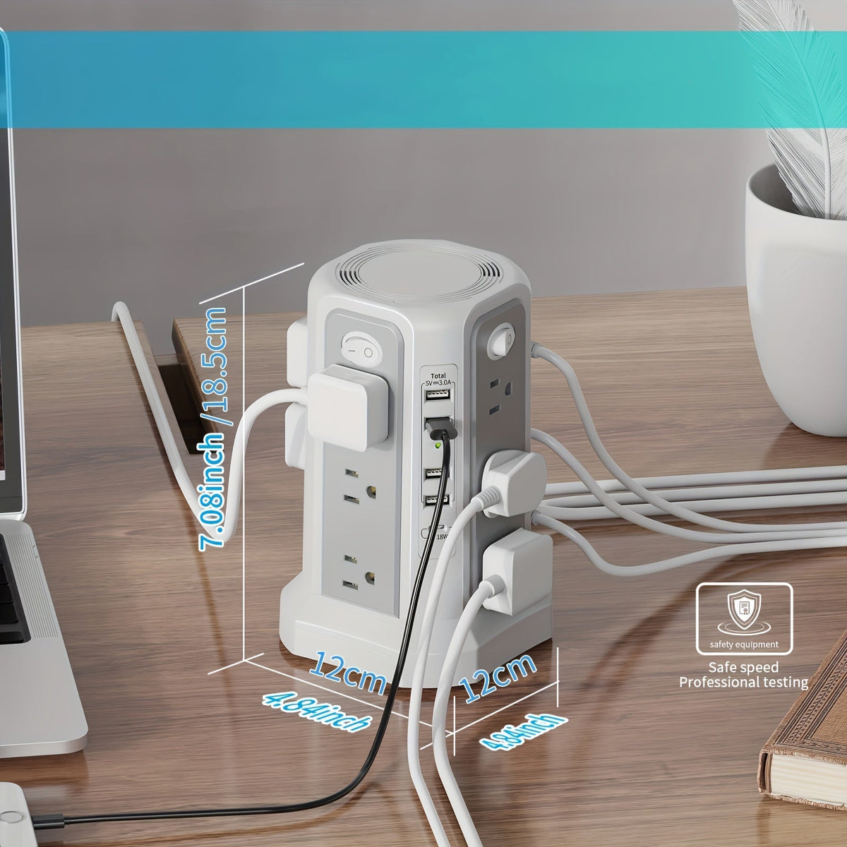 Tower Surge Protector Power Strip, 12 AC Outlets, 5 USB Ports with 18W PD USB-C Fast Charging, 10FT Extension Cord, 1800J Surge Protection, 4 Switches, for Home, Office, Desk, and Dorm Room – Space-Saving Vertical Design