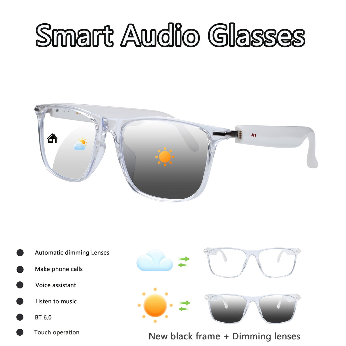 Smart Audio Glasses Bluetooth 6.0 – Auto-Dimming Photochromic Lenses, Anti-Blue Light, Music & Phone Calls, Converts to Sunglasses in Seconds, Multiple Frame Colors