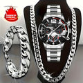 Men's 3-Piece Watch, Necklace, and Bracelet Set - Luxury Analog Quartz Wristwatch Matching Jewelry Combo for Daily Wear, Gift for Him (Silver, Gold, Black)