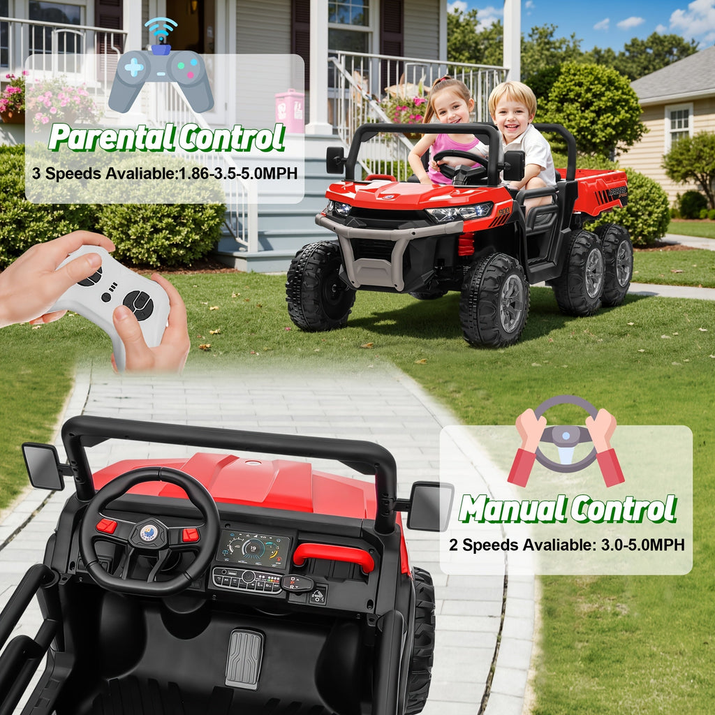 24V Kids Ride-On UTV with Remote Control, Dual Drive Mode, 3 Speed Settings, Bluetooth Music, 4 LED Lights, Suspension System & Flower Decor – Outdoor Ride-On Car for Boys & Girls Ages 3+ – Red Green Pink