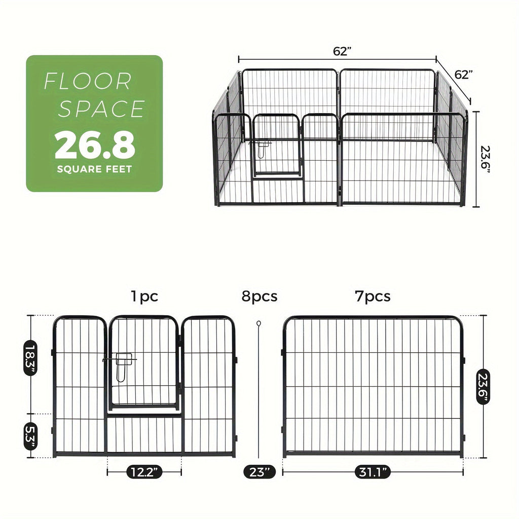 Dog Playpen 8 or 16 Panel DIY Metal Kennel with Door for Large, Medium, and Small Dogs – 24, 32, 40 Inch Indoor/Outdoor Puppy Pen, Easy to Assemble & Move