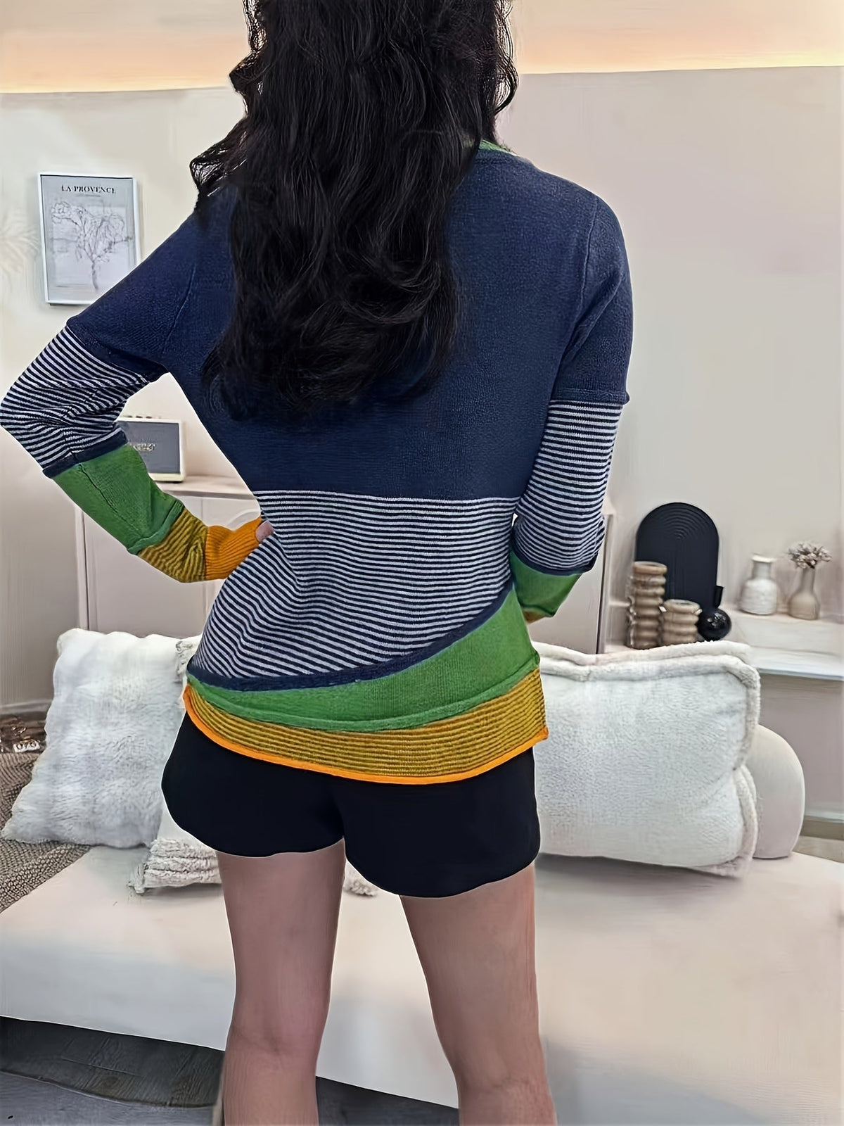 Women's Y2K Striped Color Block Crew Neck Pullover Sweater with Button Detail | Casual Fall Winter Asymmetrical Knit Top Navy S M L XL XXL