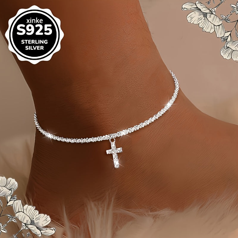 S925 Sterling Silver Cross Anklet for Women – Dazzling Synthetic Diamond Accents, Bohemian Beach & Vacation Jewelry, Casual Outfit Accessory, Perfect Gift for Valentine's Day & Mother's Day