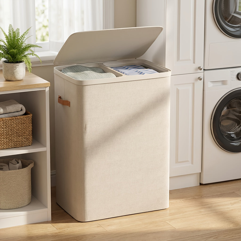 44.9 Gal Large Capacity Laundry Hamper with Lid & Handles Dual Removable Compartment Bags Fiberglass Rod Frame Easy Assembly – Dove Gray Ink Black Beige