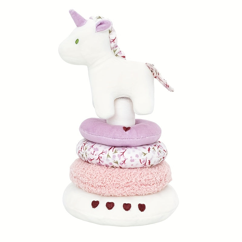 Baby Stacking Plush Ring Toy, Soft Textured Stuffed Stacking Blocks for Infants, Stroller & Crib Travel Toy for Baby Boys & Girls, Unicorn & Stegosaur Stacker Set