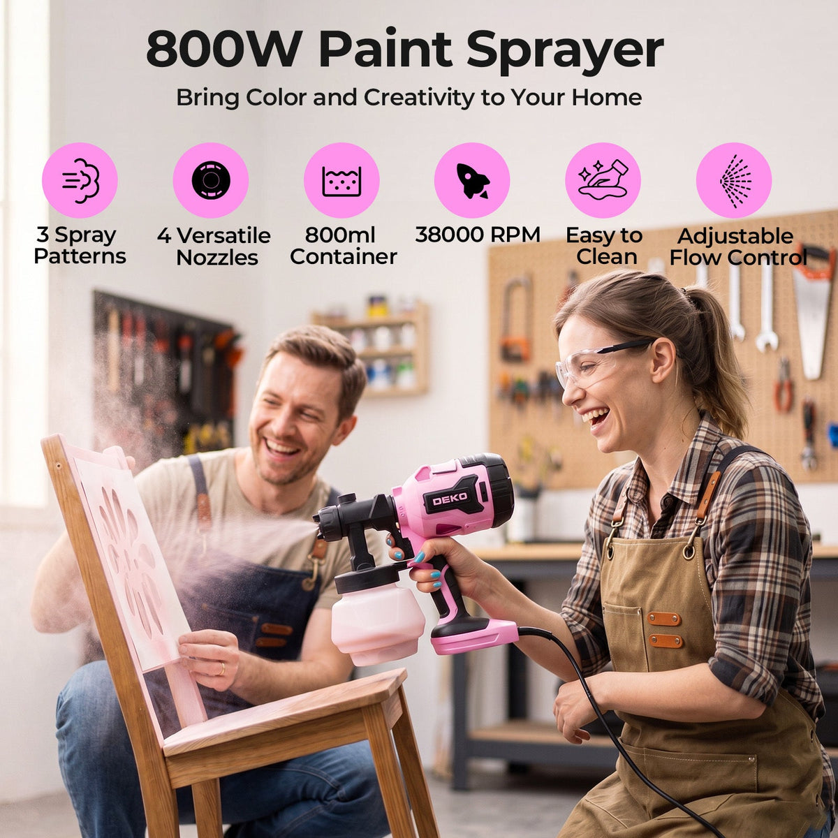DEKO 700W HVLP Paint Sprayer 800ml Electric Spray Gun 4 Nozzles 3 Spray Patterns 38000 RPM Adjustable Flow for Furniture Cabinets Walls & DIY Painting – Pink Grey