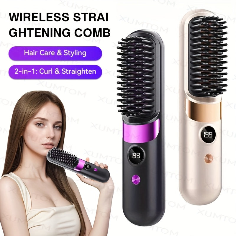 2-in-1 Hair Straightening Comb & Curling Iron - 4-Speed Temperature Control, Fast Heating, LED Display, USB Charging - Standard & Upgraded Versions - Black & Beige