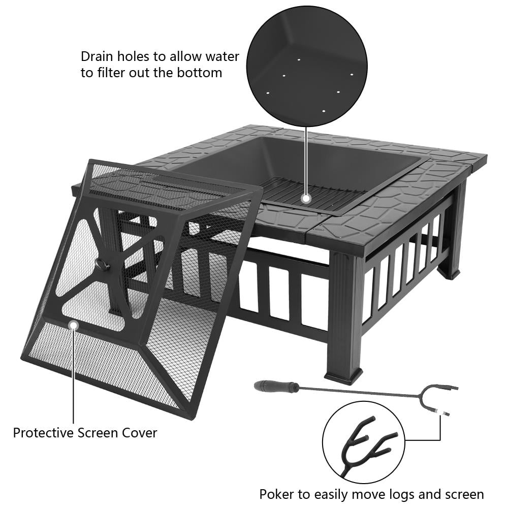 32" Square Outdoor Fire Pit Table – 3-in-1 Wood Burning Fireplace with Mesh Spark Screen BBQ Shelf & Poker Anti-Rust Metal for Patio Garden & Backyard in Black