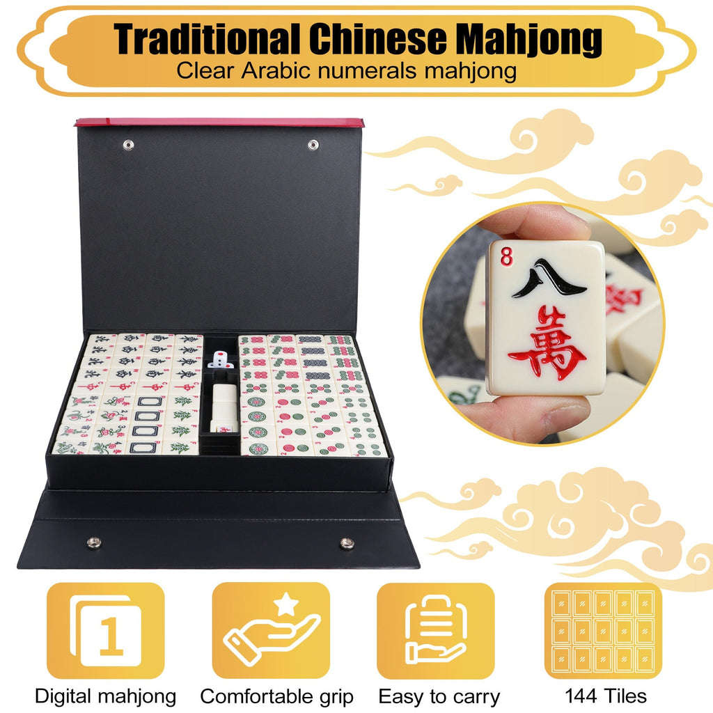 36mm Mahjong Set, 146 Melamine Tiles with Carrying Case - Full Size 1.4 Inch Ivory White Tiles, Arabic Numerals, Dice, Wind Suit & Instructions, Family Game Night Gift for Adults