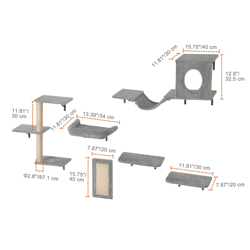 Wall Mounted Cat Shelves Set of 6, Cat Wall Furniture with 2 Jump Boards, Hammock, Sofa, Cat Tree & Grip, 40 lbs Capacity, Non-Toxic Pine, Plush Pad, Easy Install, Space-Saving Cat Playground