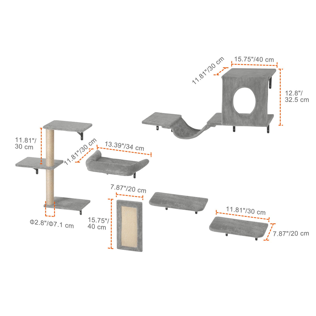 Wall Mounted Cat Shelves Set of 6, Cat Wall Furniture with 2 Jump Boards, Hammock, Sofa, Cat Tree & Grip, 40 lbs Capacity, Non-Toxic Pine, Plush Pad, Easy Install, Space-Saving Cat Playground
