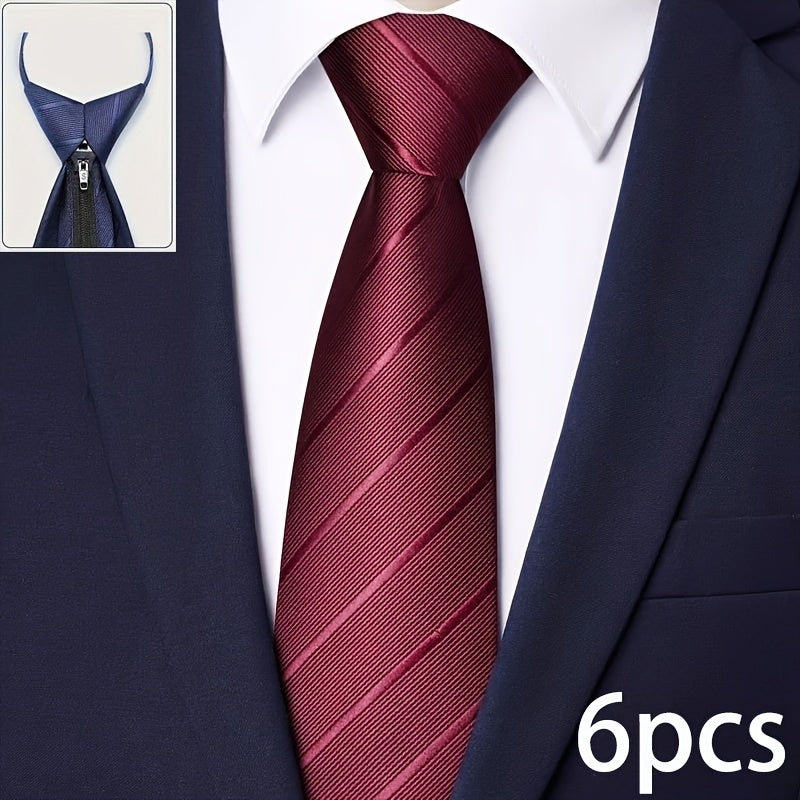 Men's Zipper Ties Set of 6 Pre-Tied Neckties - Black, Navy, Burgundy Formal Ties for Weddings, Business, Job Interviews & Graduation, Easy Clip-On Adjustable Necktie Gift Set for Men & Boys