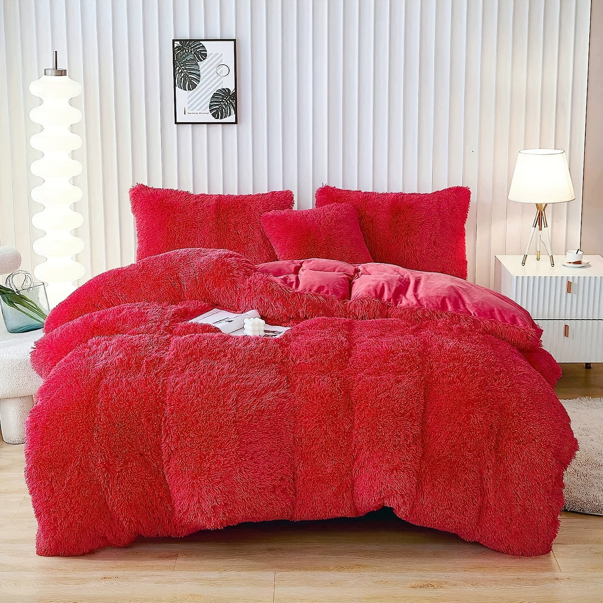 Plush Duvet Cover Set 3 Piece, Long Hair Knitted Polyester, Solid Color Fuzzy Comforter Cover with Zipper Closure, All-Season Soft Cozy Bedding Set for Bedroom, Multiple Colors Available