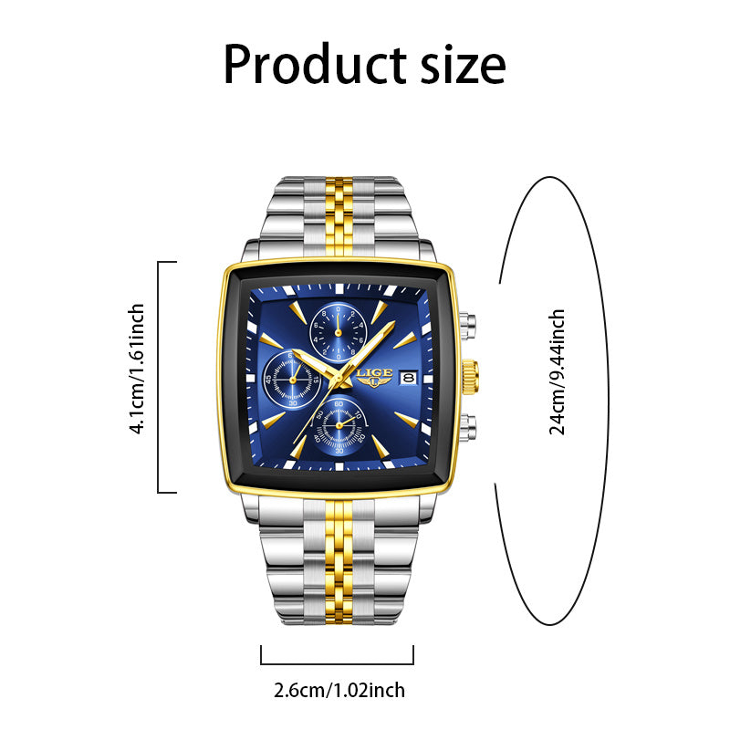 LIGE Men's Square Analog Quartz Watch – Stainless Steel Strap with Calendar Display, Preppy Sport Fashion Wristwatch for Men and Teens, 8 Color Options, Birthday or Graduation Gift (Blue, Black, Gold)