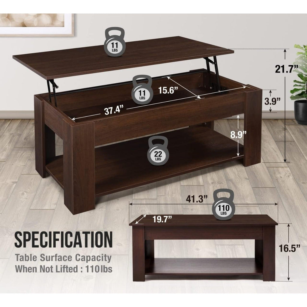 41-Inch Lift Top Coffee Table with Hidden Storage Compartment & Bottom Shelf – Retro Modern Rising Tabletop for Living Room & Home Office, Space-Saving Wood Design, Rustic Brown or Black – Nova Mart