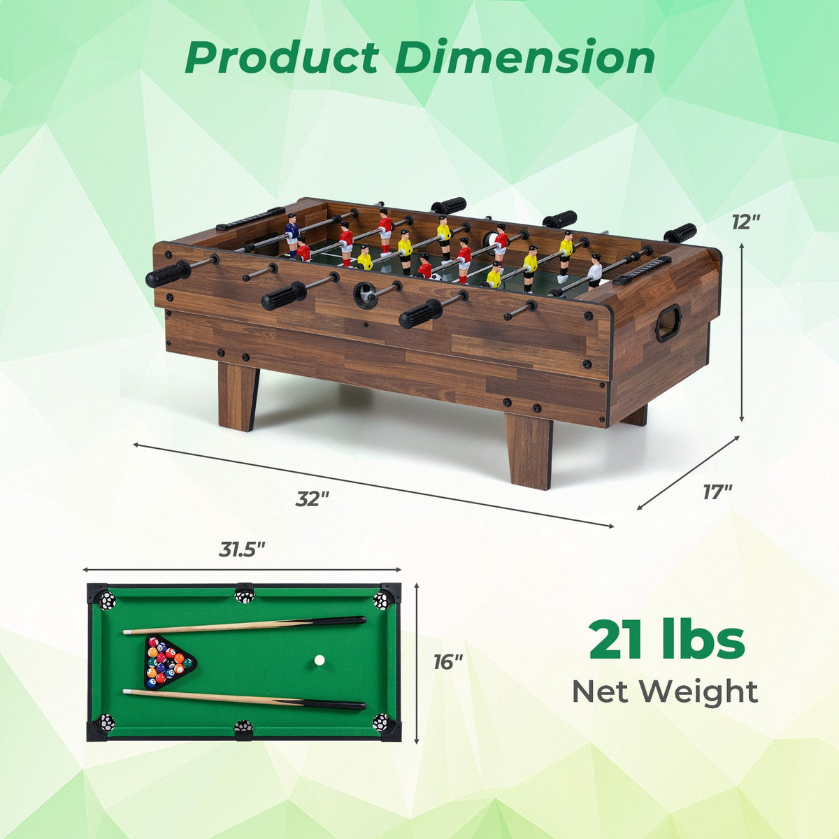 4-in-1 Multi-Game Table, Billiards, Air Hockey, Foosball & Ping Pong, Stackable Surfaces, Slanted Stabilizing Legs, All Accessories Included, 32"x17"x12", Natural/Black