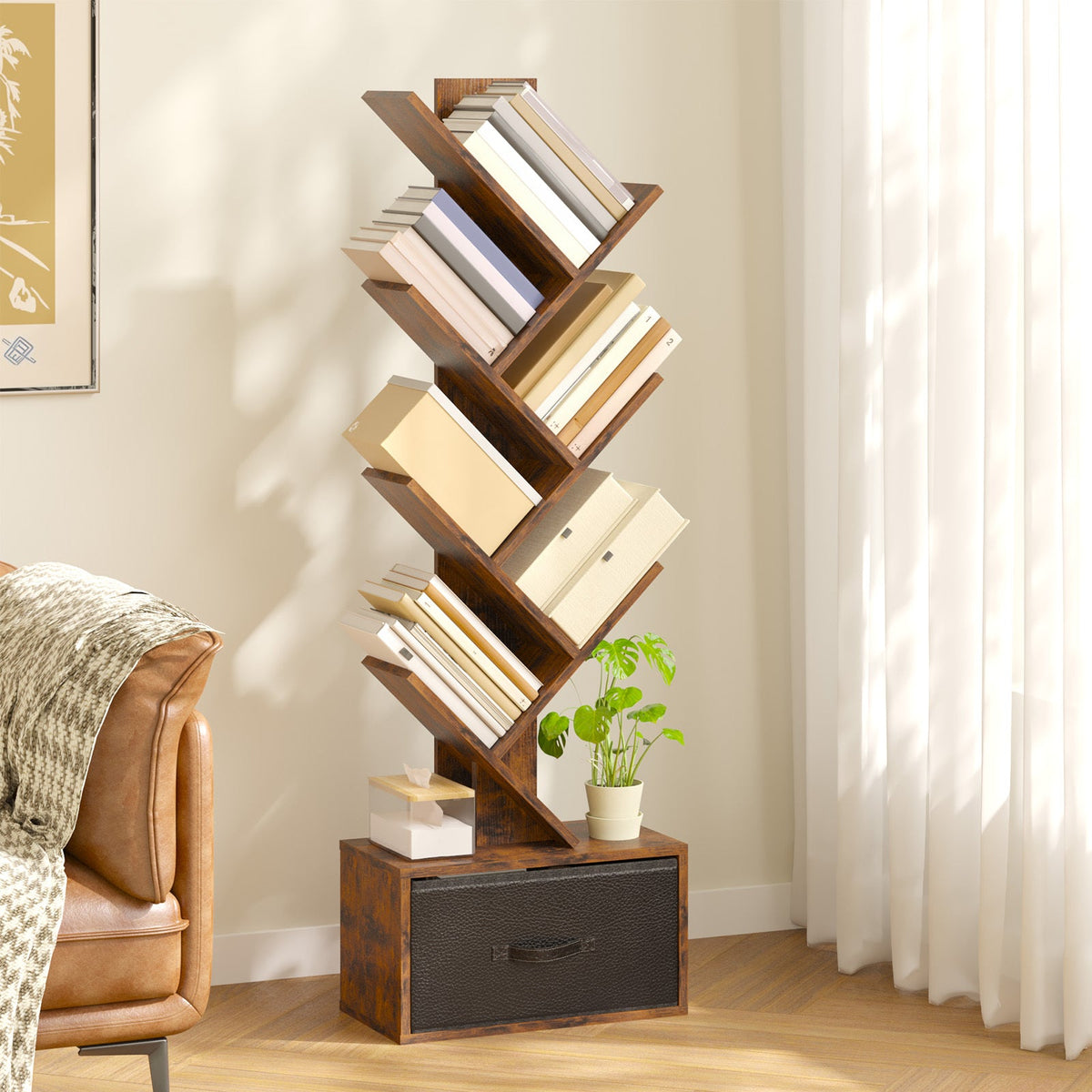 6-Tier Tree Bookcase 44.5" Vintage Narrow Floor Standing Bookshelf with Drawer – Wooden Book Organizer for Office Bedroom Living Room
