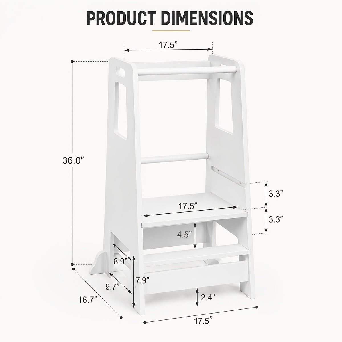 3-Level Adjustable Wooden Kitchen Step Stool with Safety Rail & Anti-Tip Support for Kitchen & Bathroom – White Black & Grey