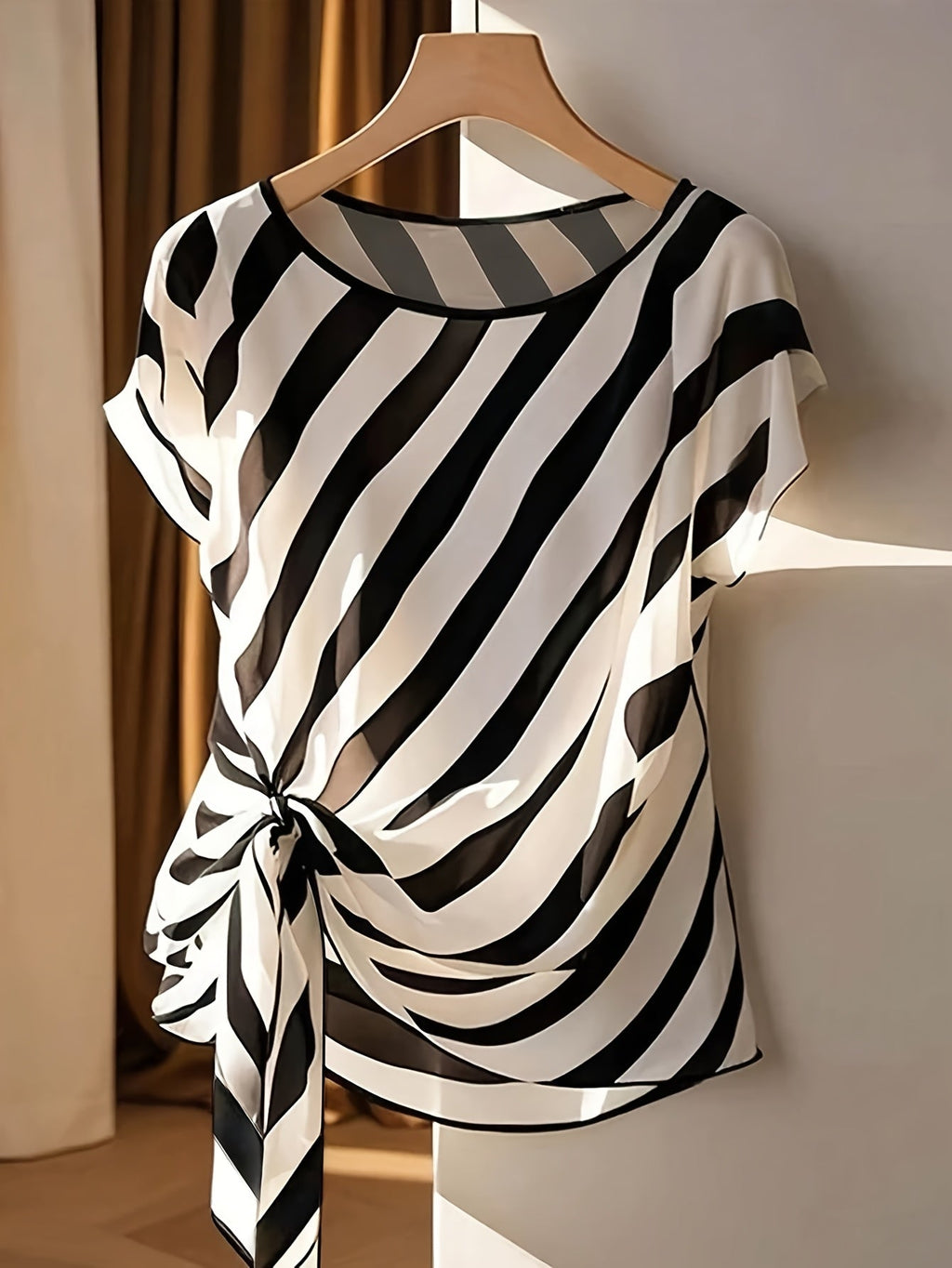 Women's Sleeveless French-Style Striped Blouse with Bow Detail - Semi-Sheer Round Neck Shirt for Spring, Summer, and Fall, Casual to Dressy | Elegant French-Inspired Machine-Washable Ladies' Top