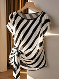 Women's Sleeveless French-Style Striped Blouse with Bow Detail - Semi-Sheer Round Neck Shirt for Spring, Summer, and Fall, Casual to Dressy | Elegant French-Inspired Machine-Washable Ladies' Top