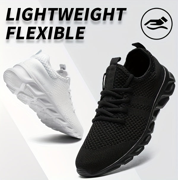 Men's Lightweight Breathable Knit Mesh Sneakers, EVA Sole Low-Top Lace-Up Running Walking Shoes, White Red Black Round Toe, All-Season Gym Travel Daily Wear, Sizes US 6-13.5